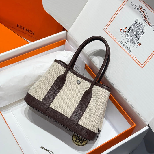 HM Garden Party Mini 23cm Bag Chocolate Togo Cream Canvas