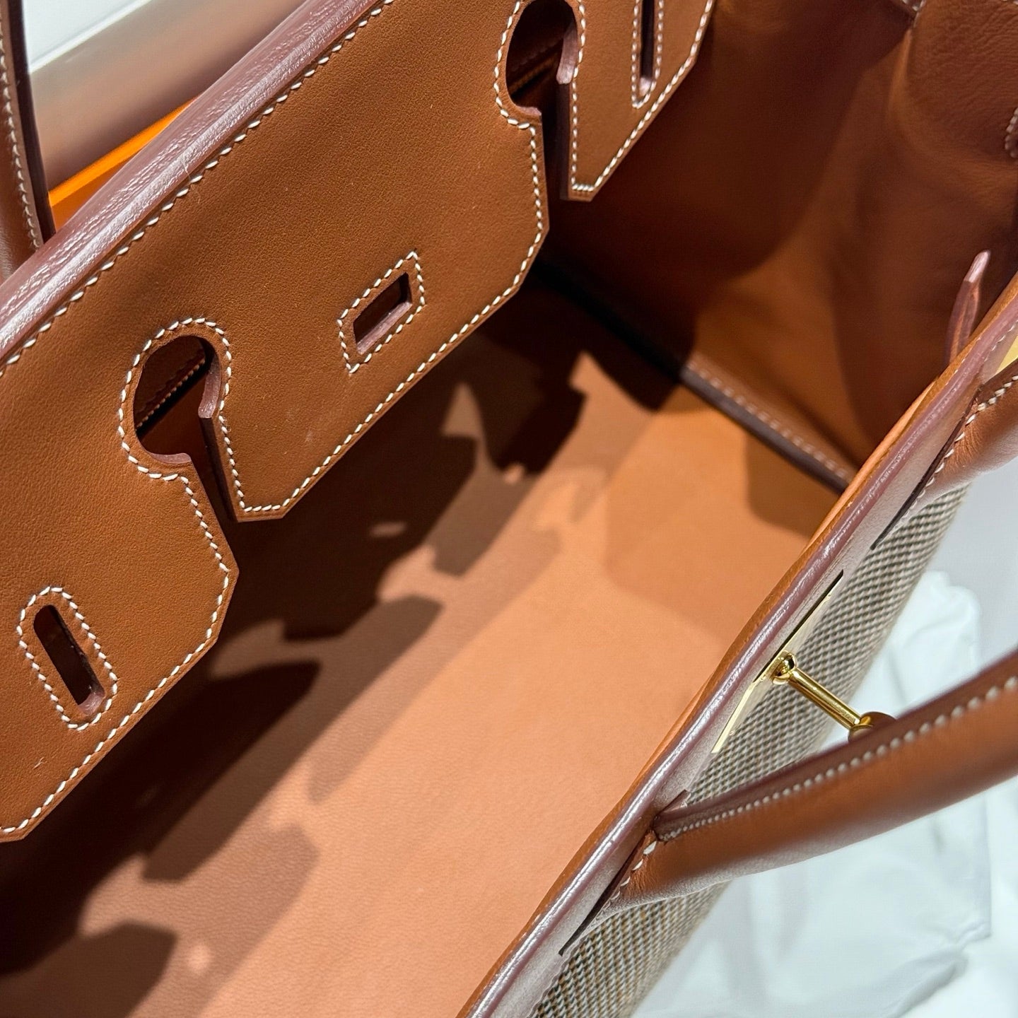 HM Birkin 30cm Golden Brown Swift Cowhide With Waffe Brown Canvas Fabric Ghw 249972