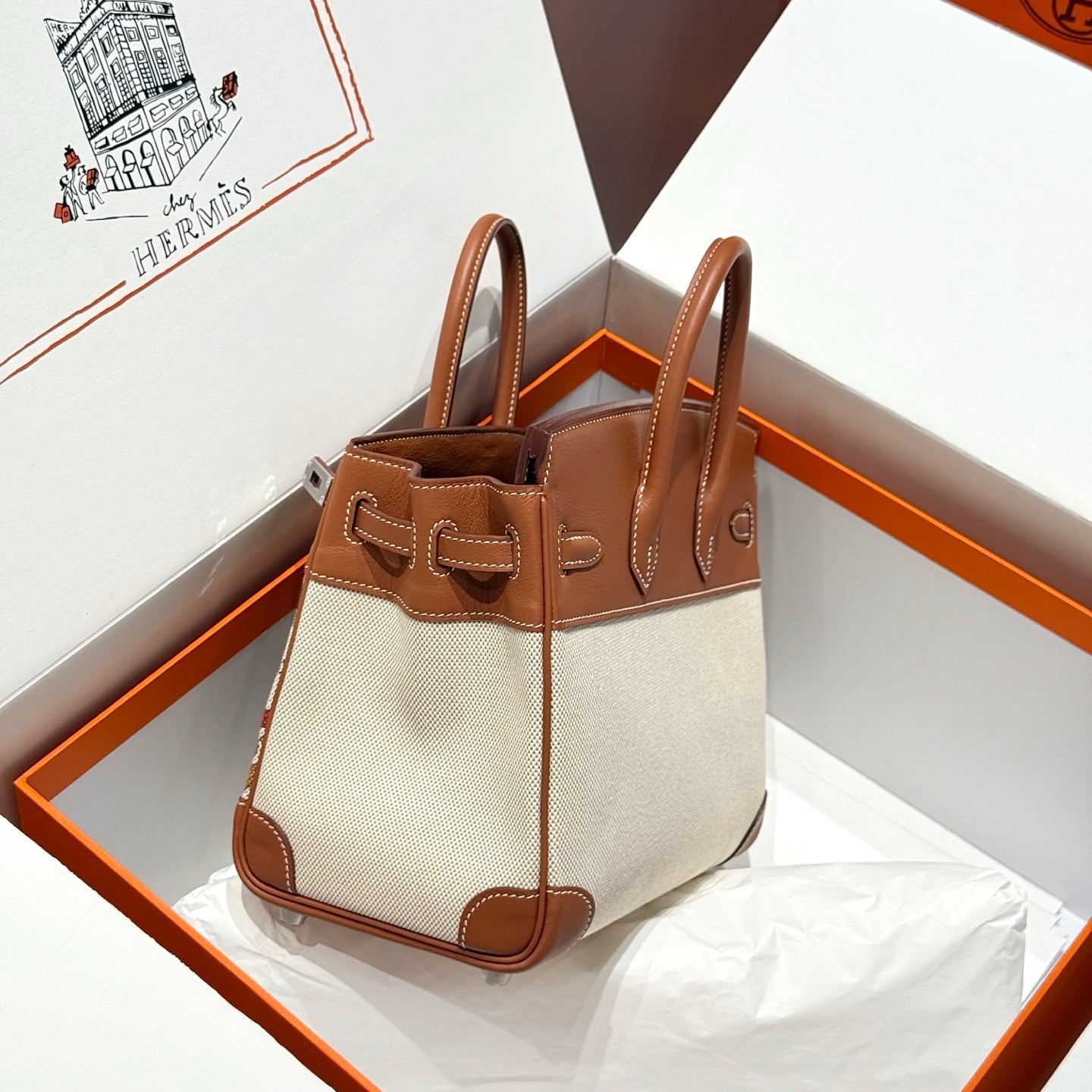 HM Birkin 25cm Golden Brown Swift Cowhide With Horse Totem Beige Canvas Fabric Shw 249990