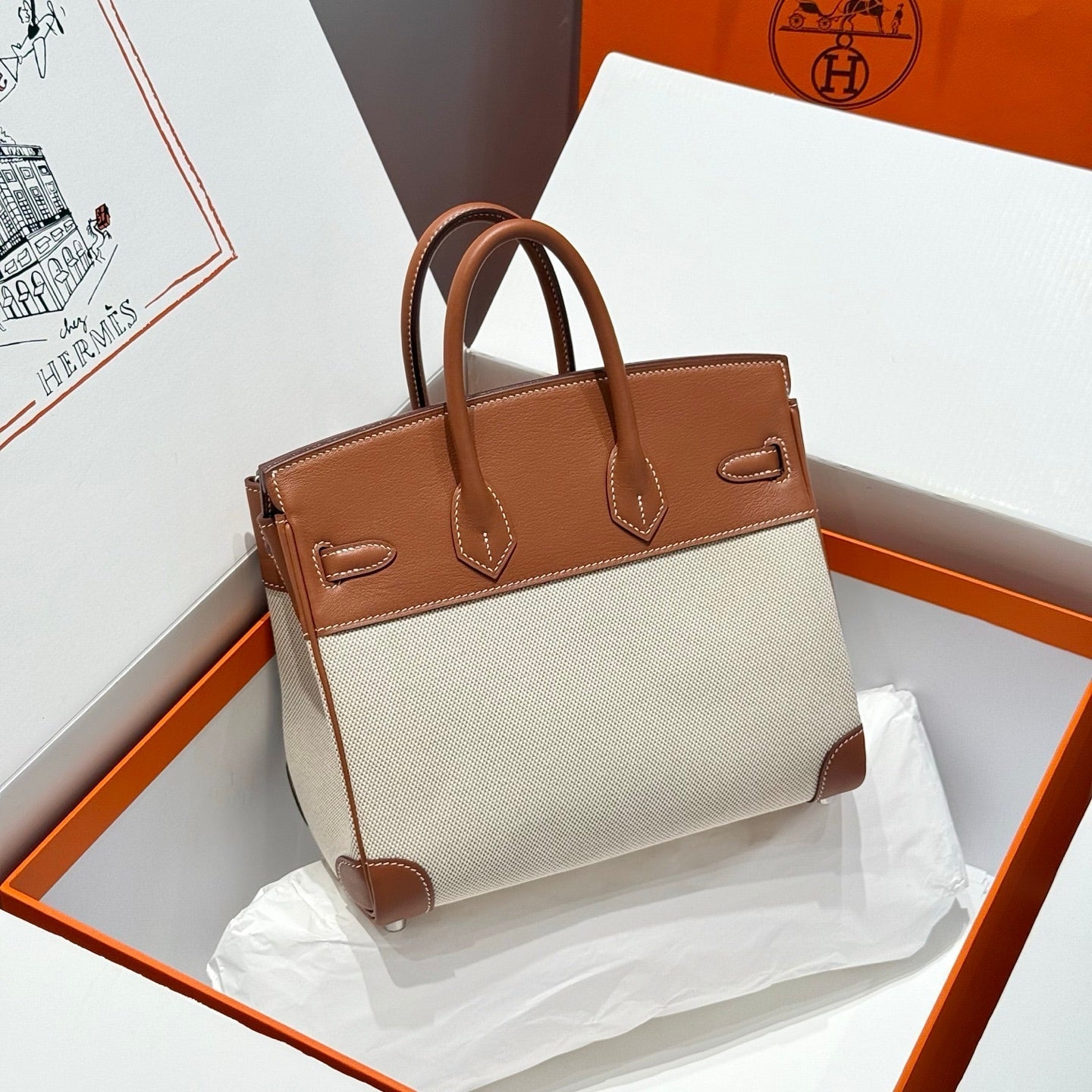 HM Birkin 25cm Golden Brown Swift Cowhide With Horse Totem Beige Canvas Fabric Shw 249990