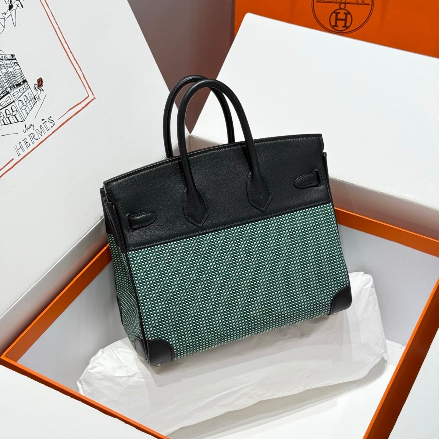 HM Birkin 25cm Black Swift Cowhide With Waffe Forest Green Canvas Fabric Shw 249987