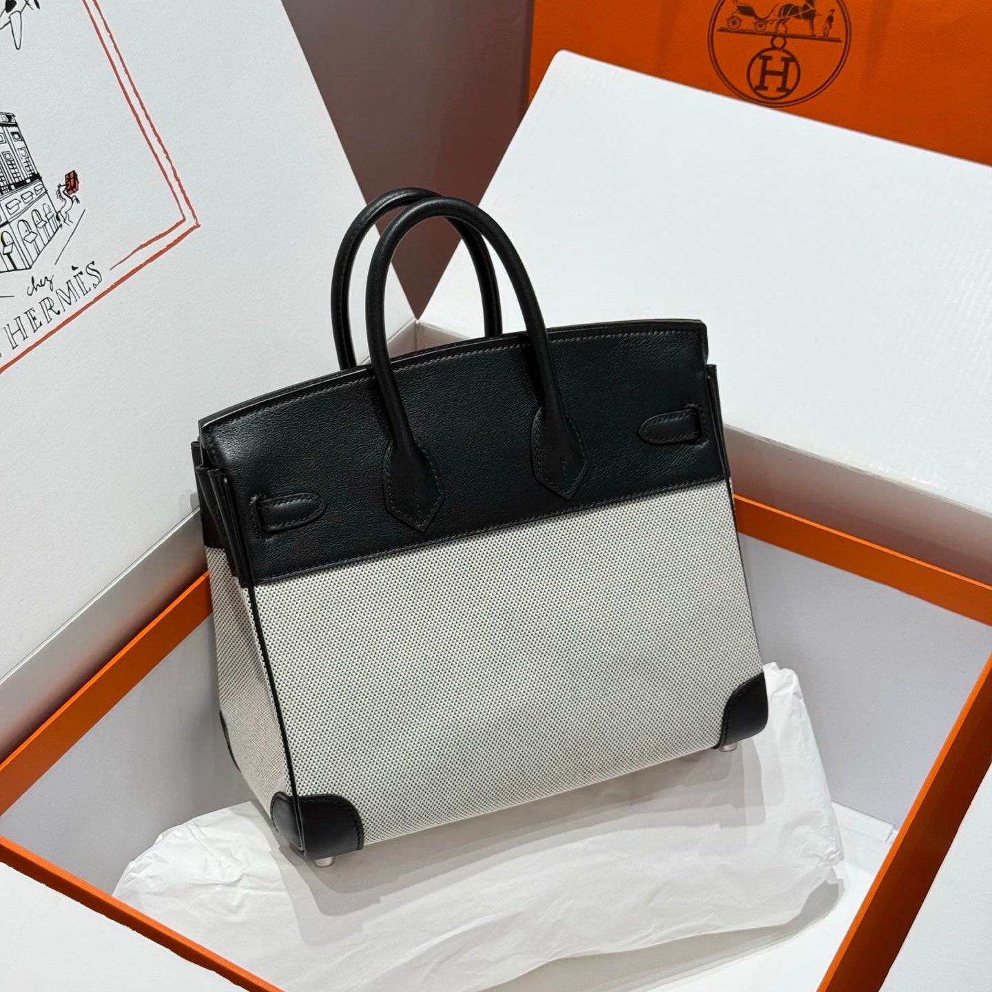 HM Birkin 25cm Black Swift Cowhide With Black White Checkered Canvas Fabric Shw 249986