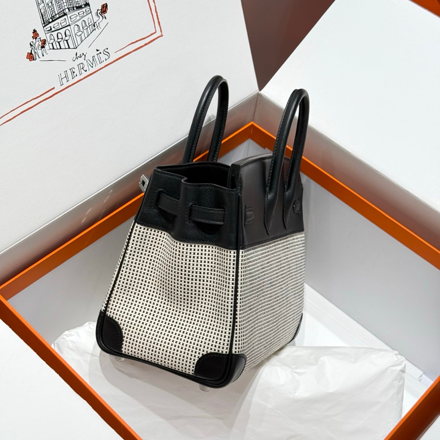 HM Birkin 25cm Black Swift Cowhide With Waffle Panda Black and White Canvas Fabric Shw 249985