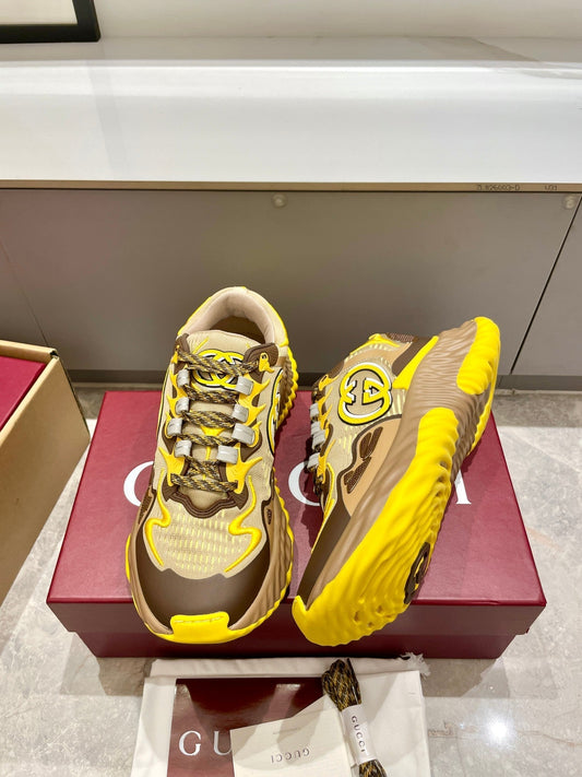 GG 26 Casual Sneakers Yellow Brown Mesh Cowhide 632859