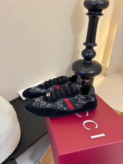 GG 26 Casual Sneakers Black Cowhide Suede Rhinestones 627229