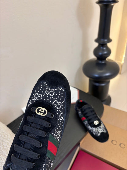 GG 26 Casual Sneakers Black Cowhide Suede Rhinestones 627229