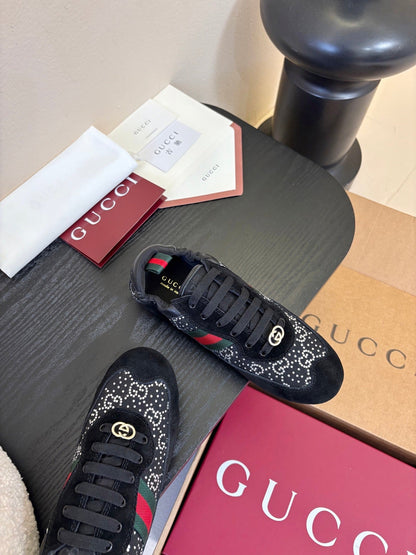 GG 26 Casual Sneakers Black Cowhide Suede Rhinestones 627229