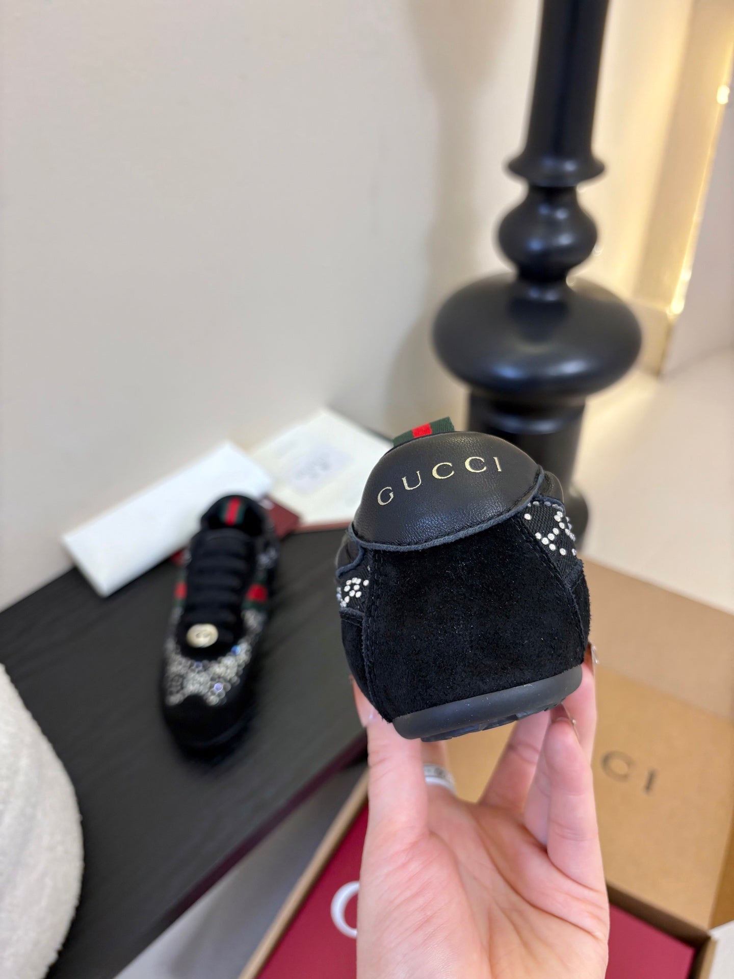 GG 26 Casual Sneakers Black Cowhide Suede Rhinestones 627229