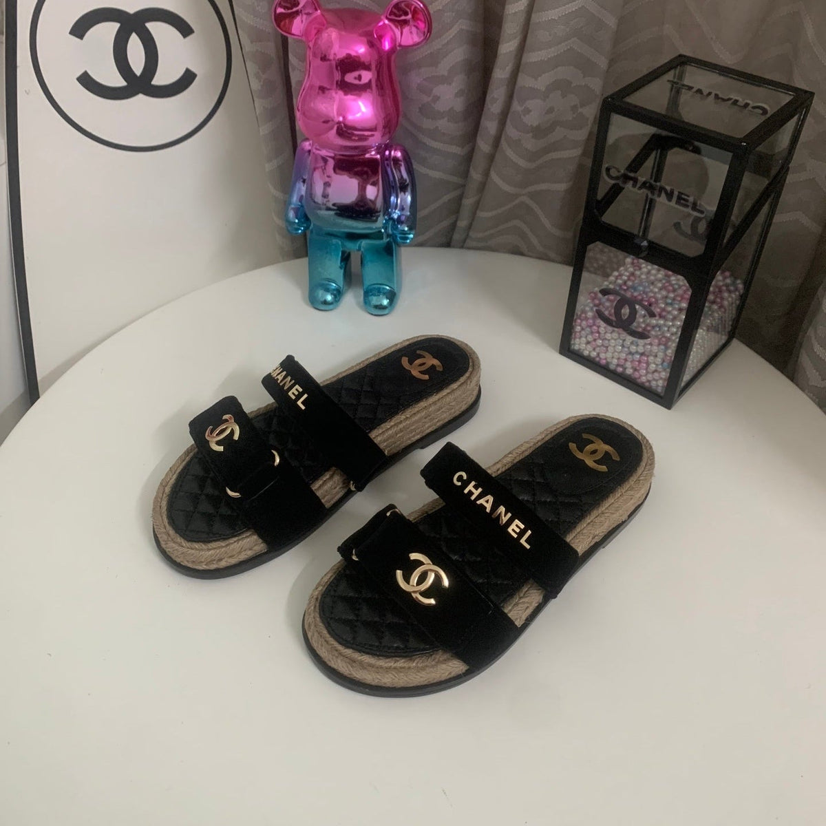 CC 26s Hemp Rope Platform Sandals Black Quited Sheepskin Velvet 862302