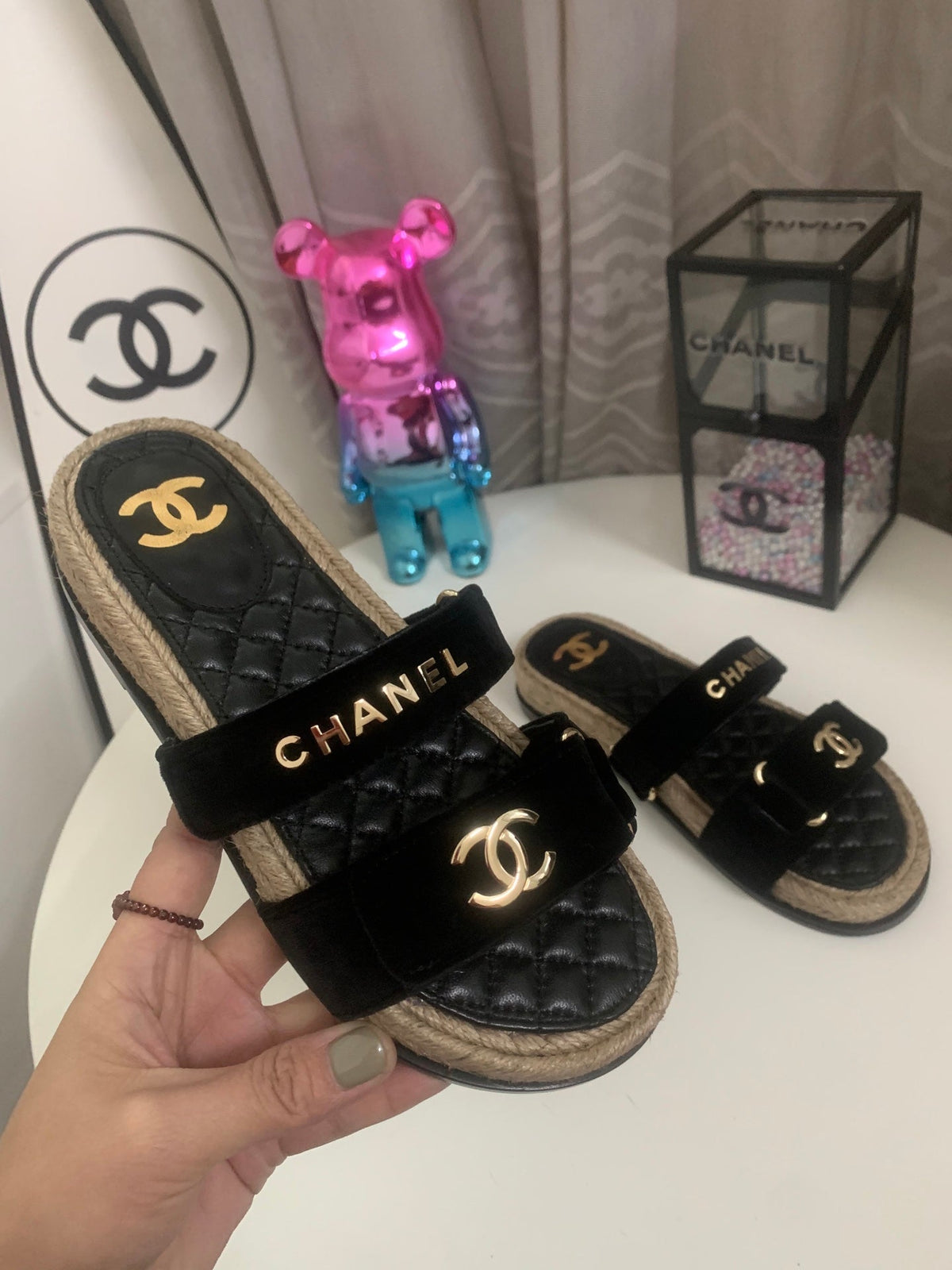 CC 26s Hemp Rope Platform Sandals Black Quited Sheepskin Velvet 862302