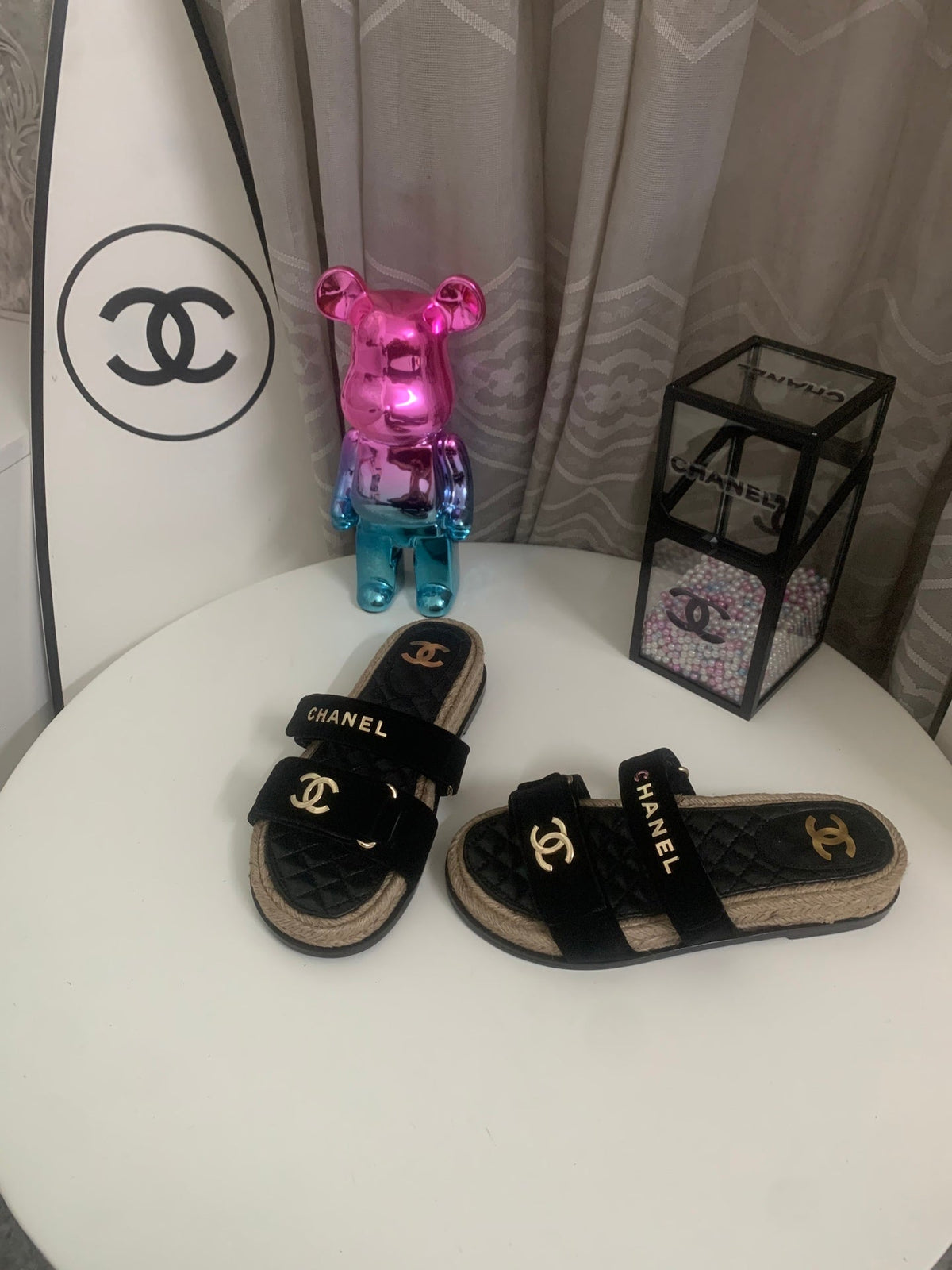 CC 26s Hemp Rope Platform Sandals Black Quited Sheepskin Velvet 862302