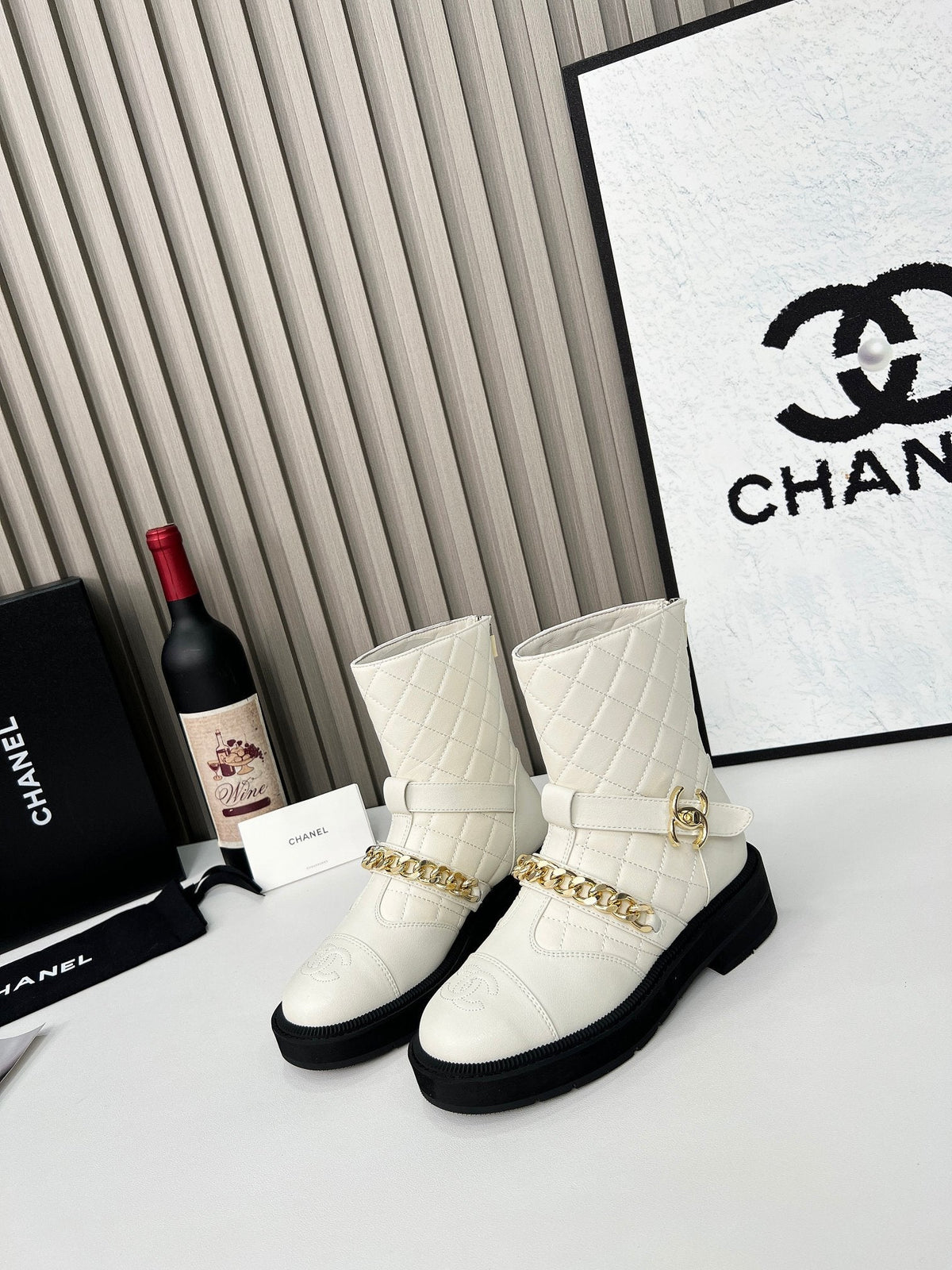 CC 26s Quilted Chain Boots White Calfskin 924501