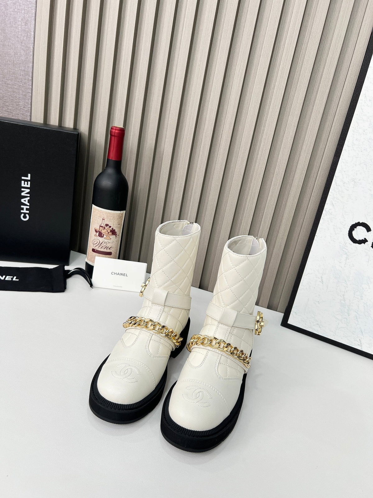 CC 26s Quilted Chain Boots White Calfskin 924501