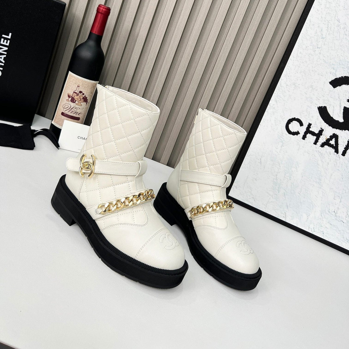 CC 26s Quilted Chain Boots White Calfskin 924501