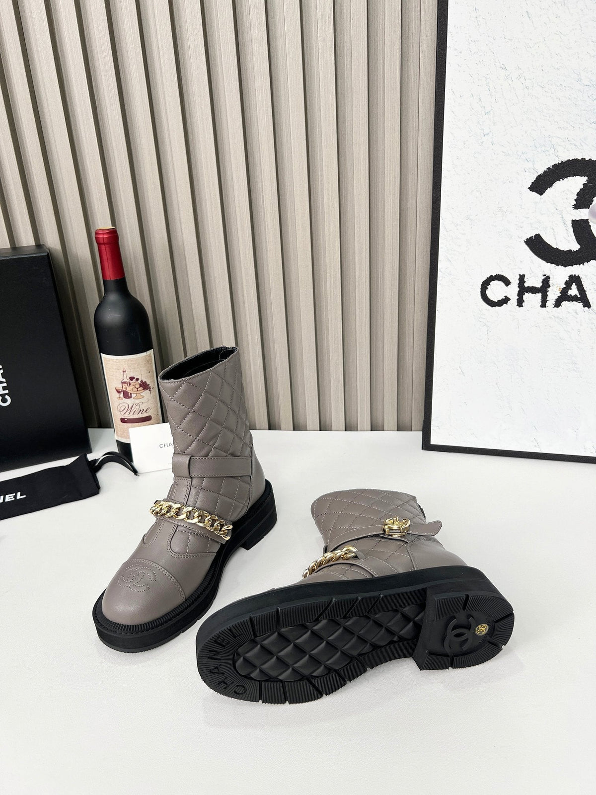 CC 26s Quilted Chain Boots Taupe Calfskin 924502