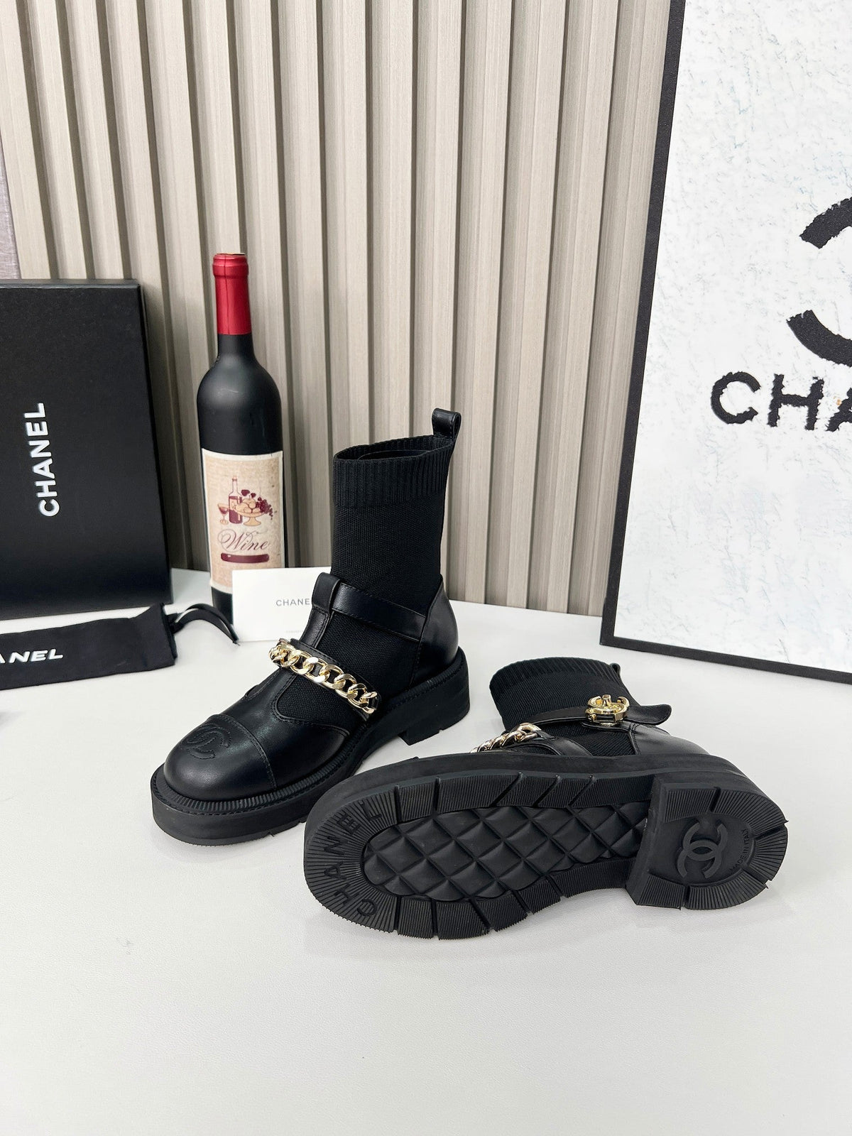 CC 26s Combat Sock Boots Black Calfskin Ribbed Knit 924507