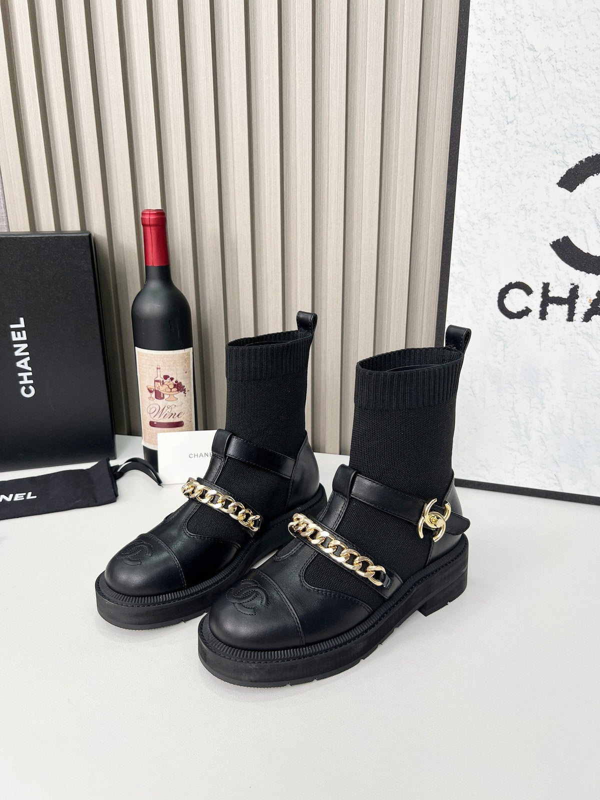 CC 26s Combat Sock Boots Black Calfskin Ribbed Knit 924507