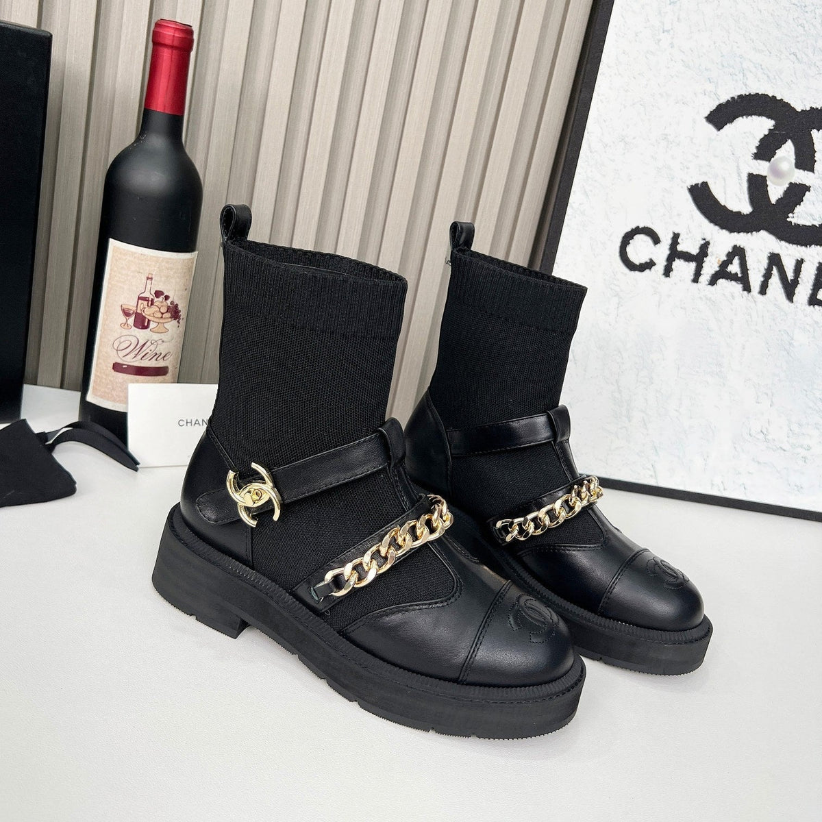CC 26s Combat Sock Boots Black Calfskin Ribbed Knit 924507