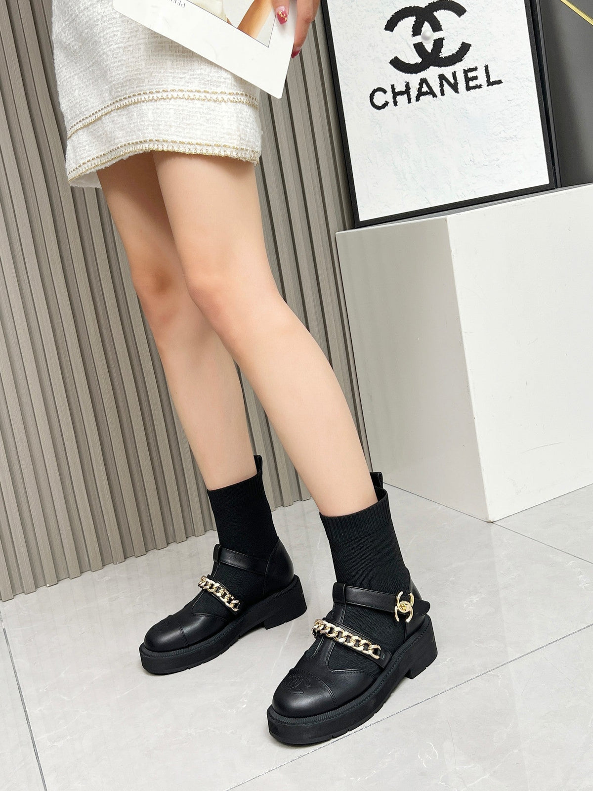 CC 26s Combat Sock Boots Black Calfskin Ribbed Knit 924507