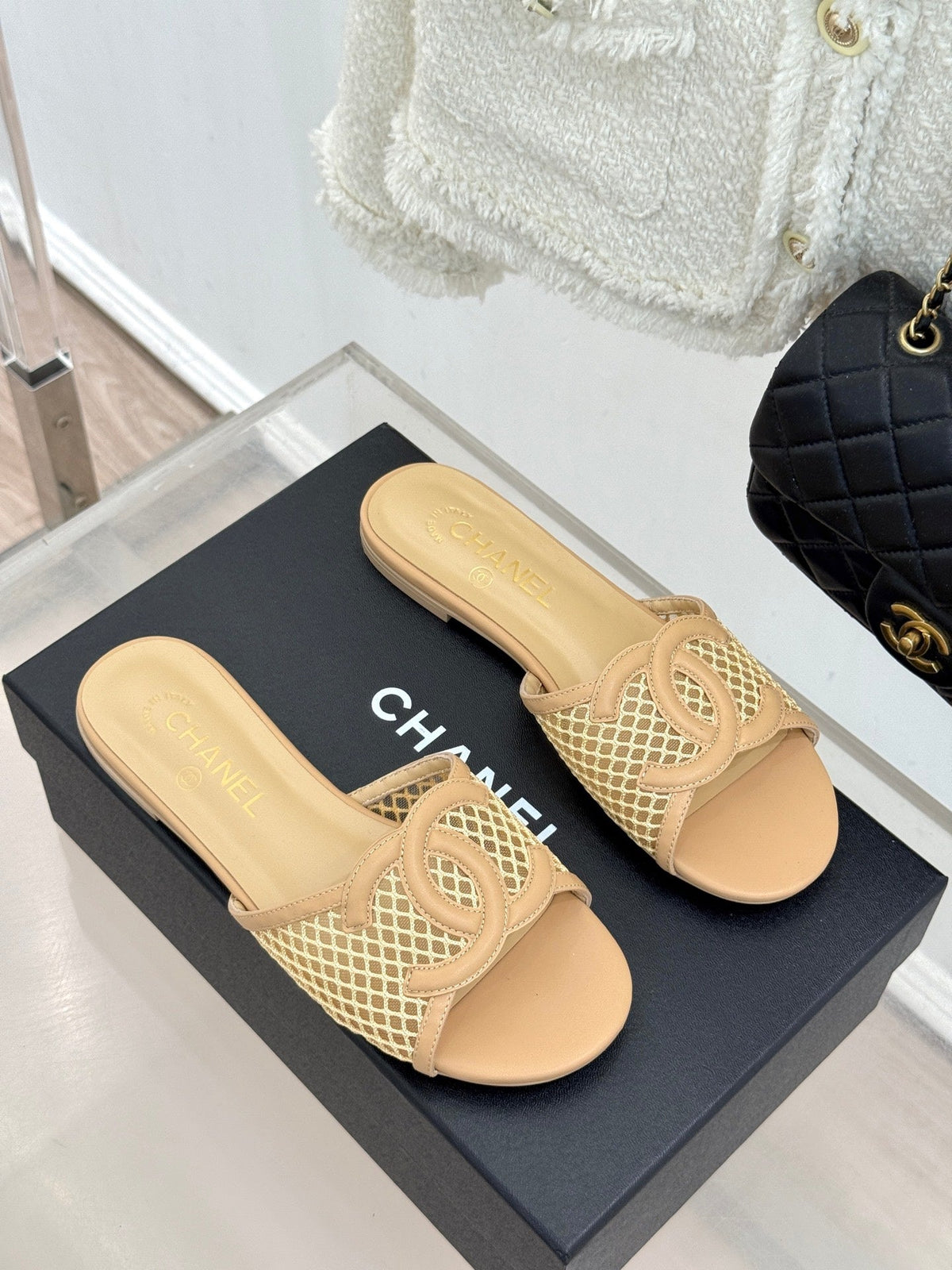 CC Openwork Slippers Beige Mesh Lambskin 825759