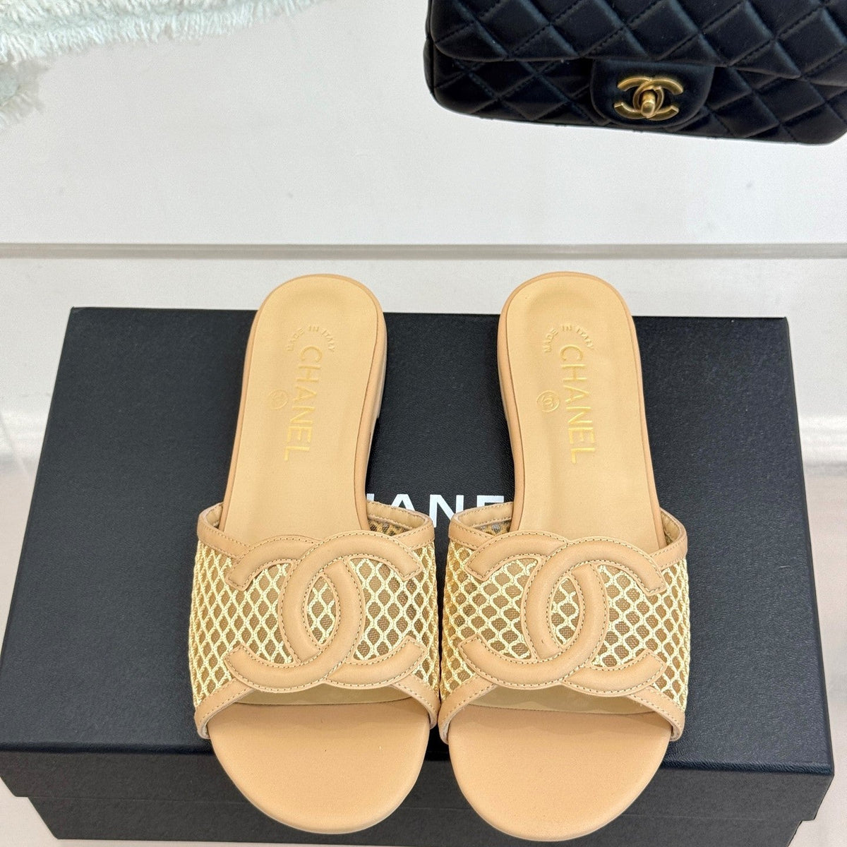 CC Openwork Slippers Beige Mesh Lambskin 825759