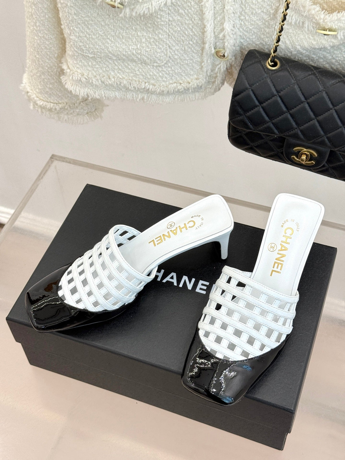 CC Woven Square-Toe Slippers Black White Leather 825775