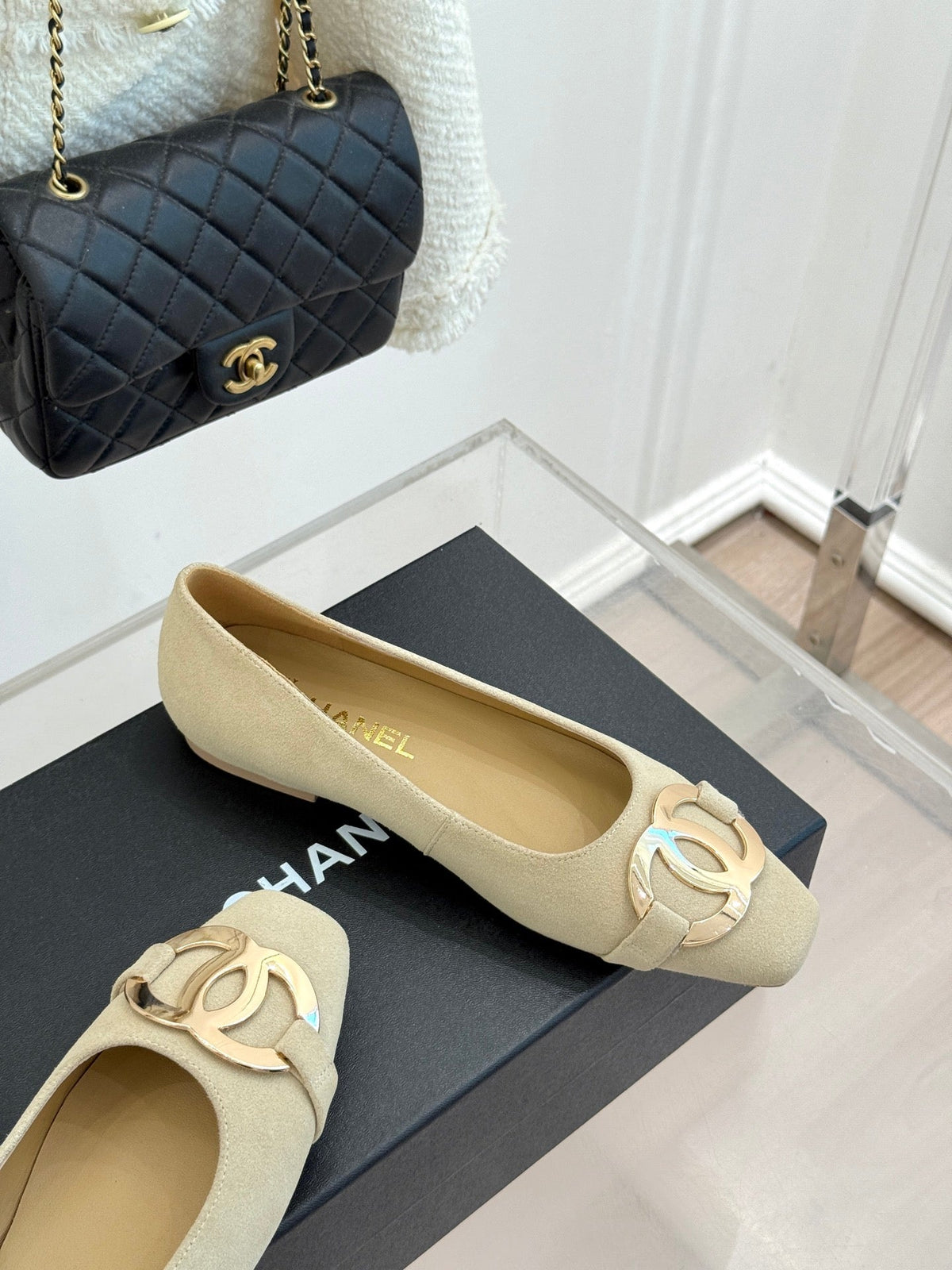 CC 26s Buckle Square Toe Ballet Flat Beige Suede 829732
