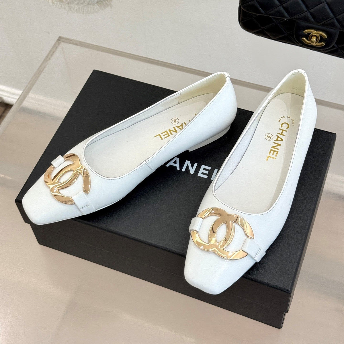 CC 26s Buckle Square Toe Ballet Flat White Lambskin 829736