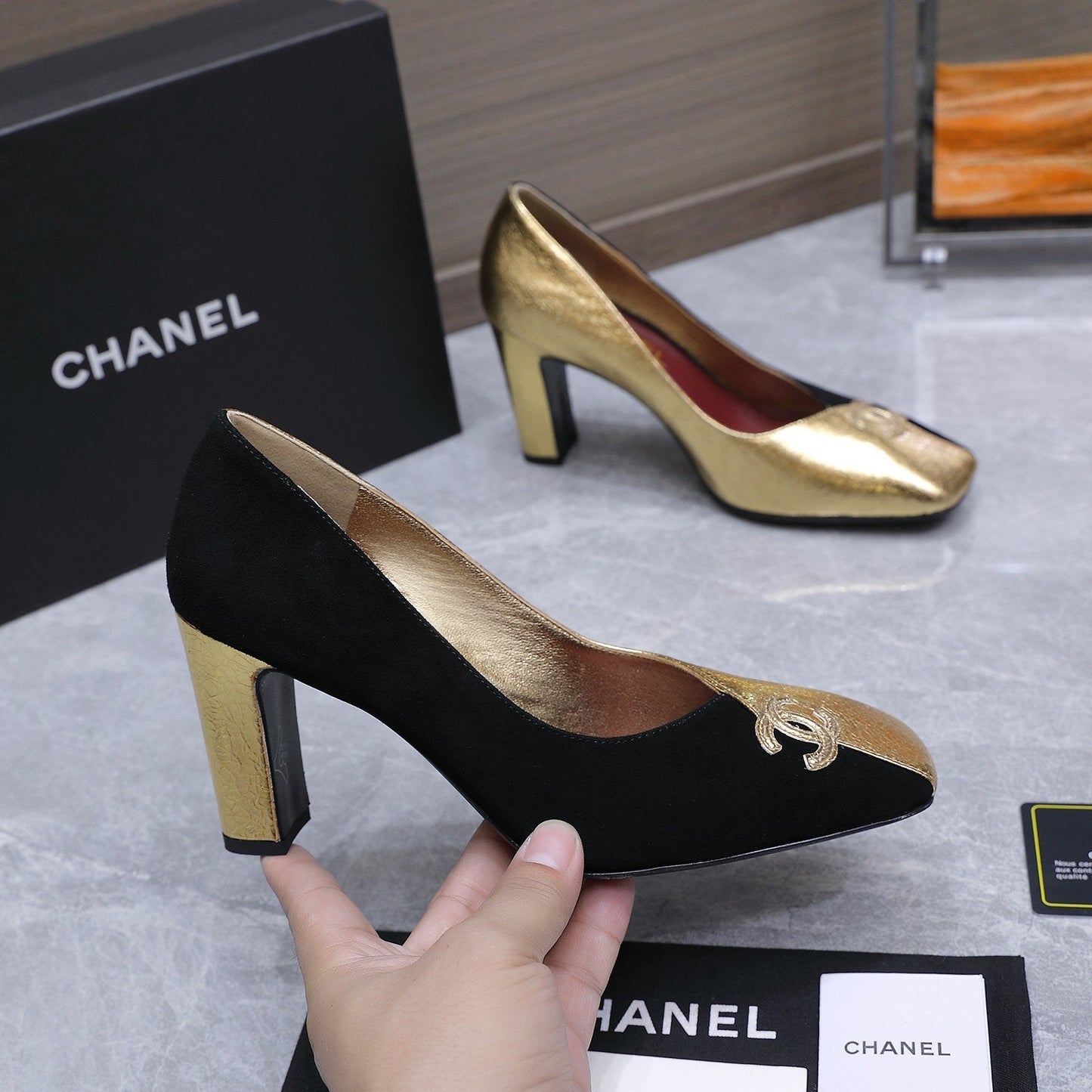 Chanel 2026 High-Heeled Pump 85mm Black-Gold Suede Sheepskin 758425