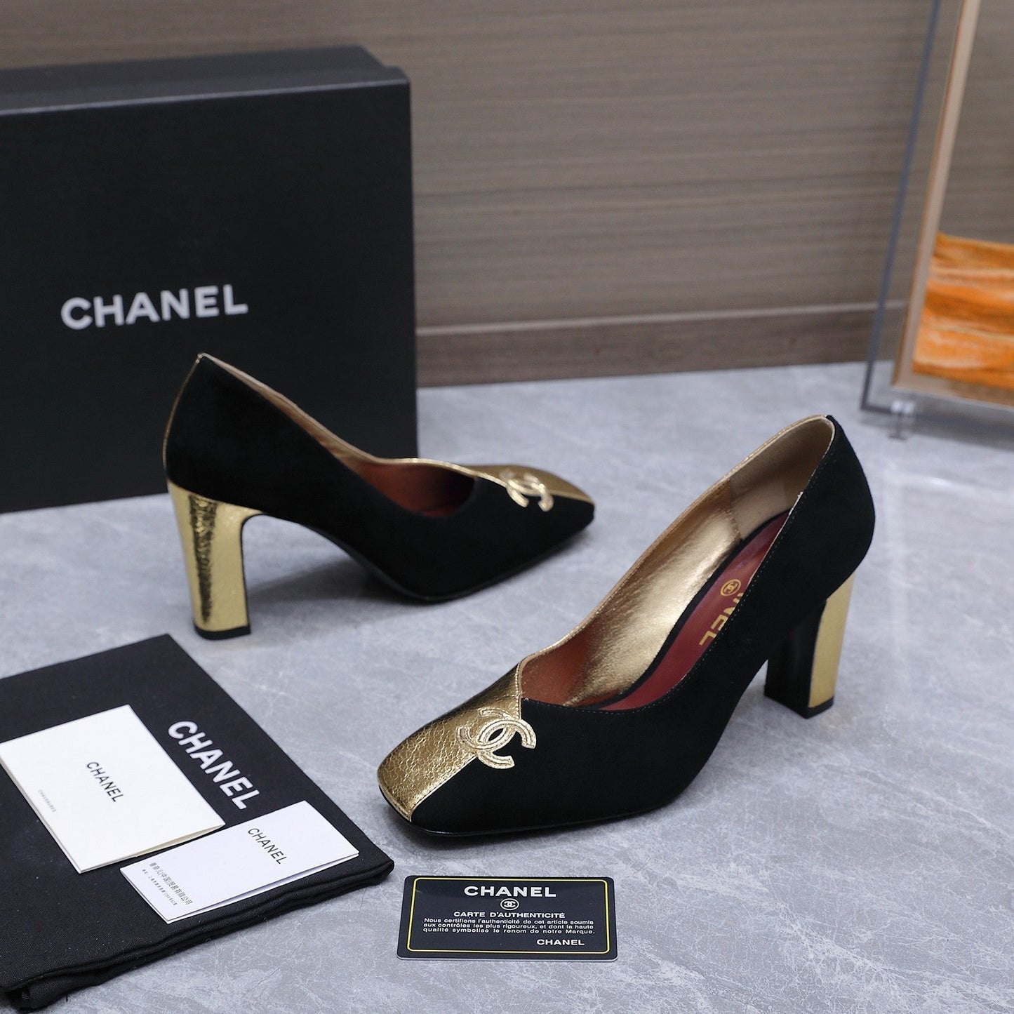 Chanel 2026 High-Heeled Pump 85mm Black-Gold Suede Sheepskin 758425