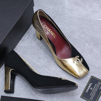 Chanel 2026 High-Heeled Pump 85mm Black-Gold Suede Sheepskin 758425