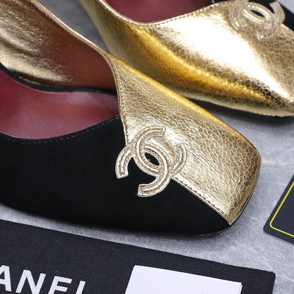 Chanel 2026 High-Heeled Pump 85mm Black-Gold Suede Sheepskin 758425