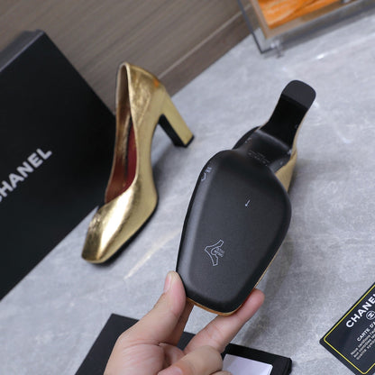 Chanel 2026 High-Heeled Pump 85mm Black-Gold Suede Sheepskin 758425
