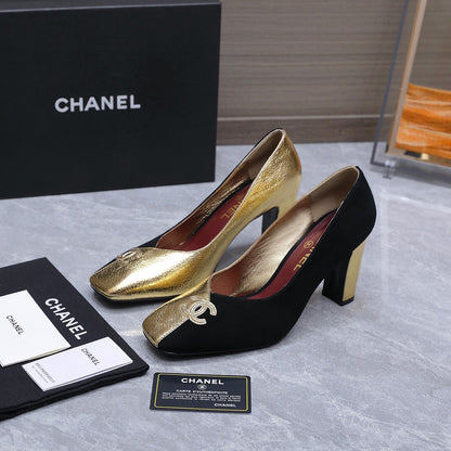 Chanel 2026 High-Heeled Pump 85mm Black-Gold Suede Sheepskin 758425