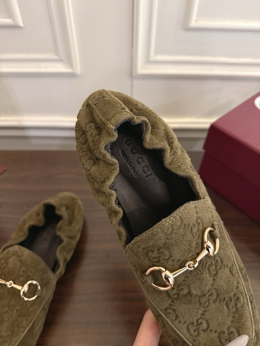 GG 26SS Loafers Olive Green Monogram Suede Leather 645960