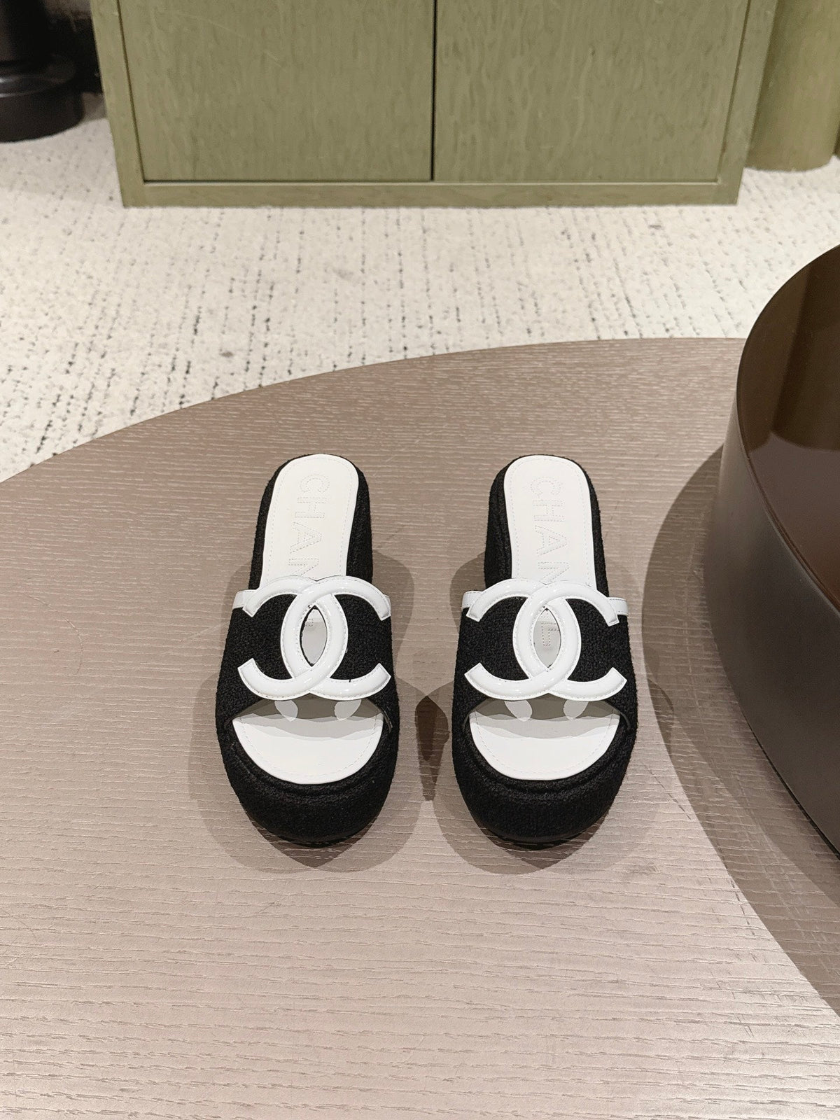 CC 26s Platform Mules Black White Lambskin Fabric 916992