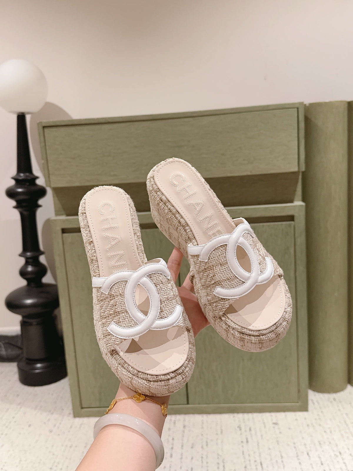 CC 26s Platform Mules Cream Lambskin Fabric 916998
