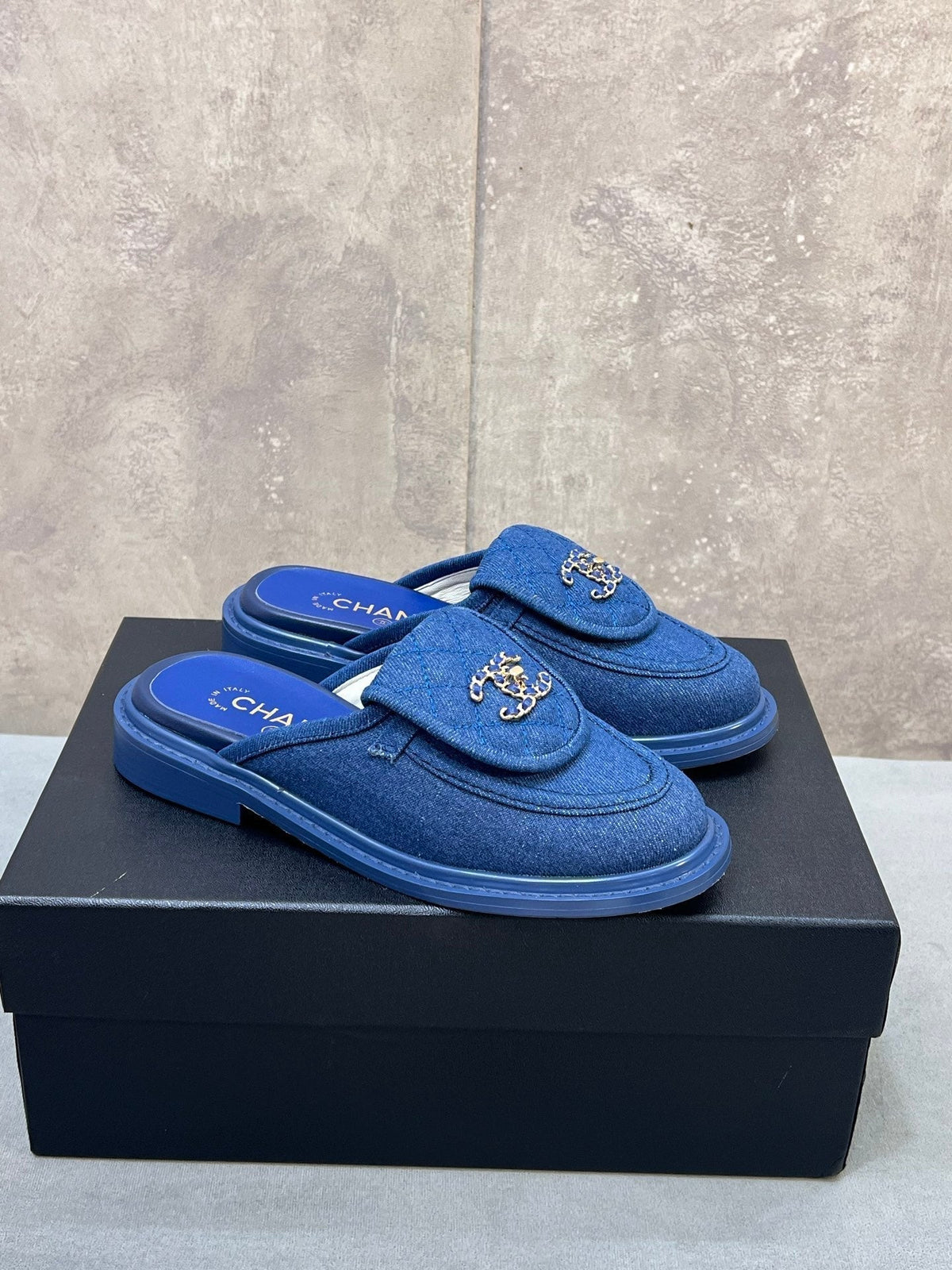 CC 26s Mule Loafers Blue Denim With Quilted Flap