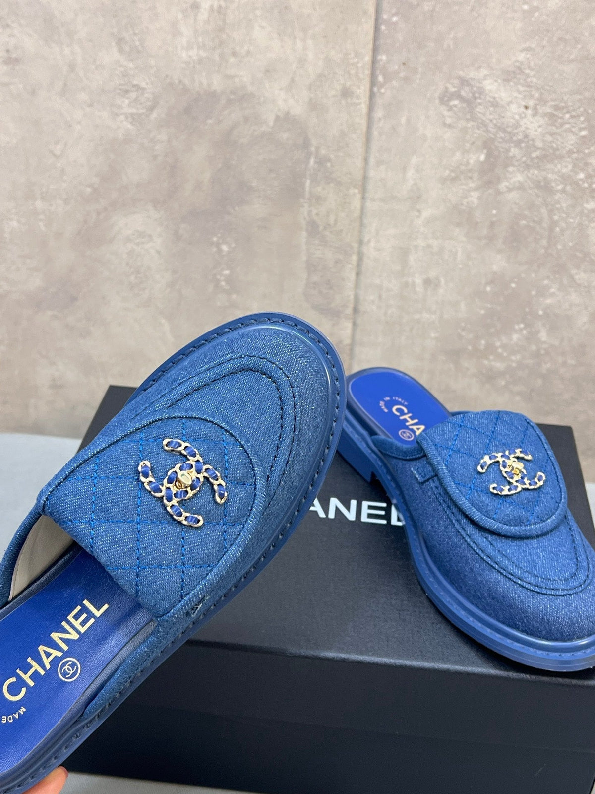 CC 26s Mule Loafers Blue Denim With Quilted Flap