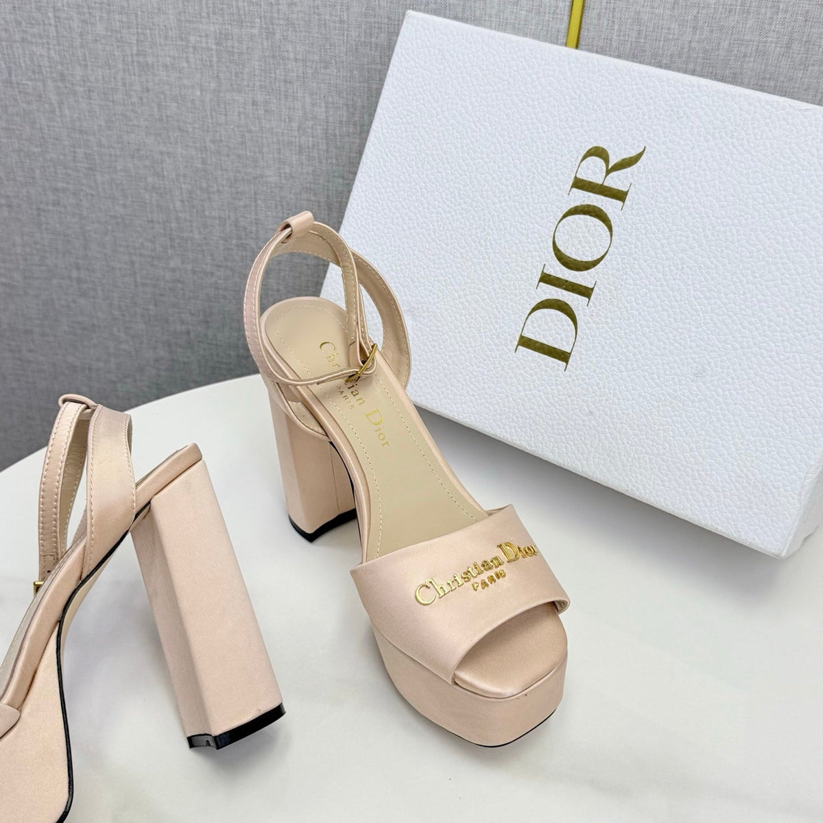 CD 26s Platform Sandals 80 Beige Satin Sheepskin 640230
