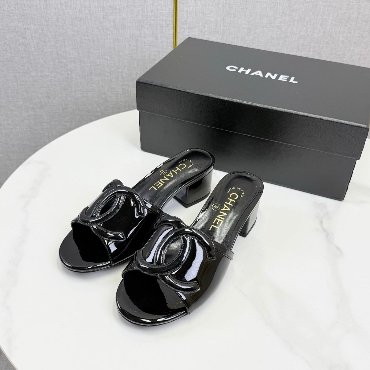 CC 26s Block Heel Sandals 4cm Black Patent Calfskin