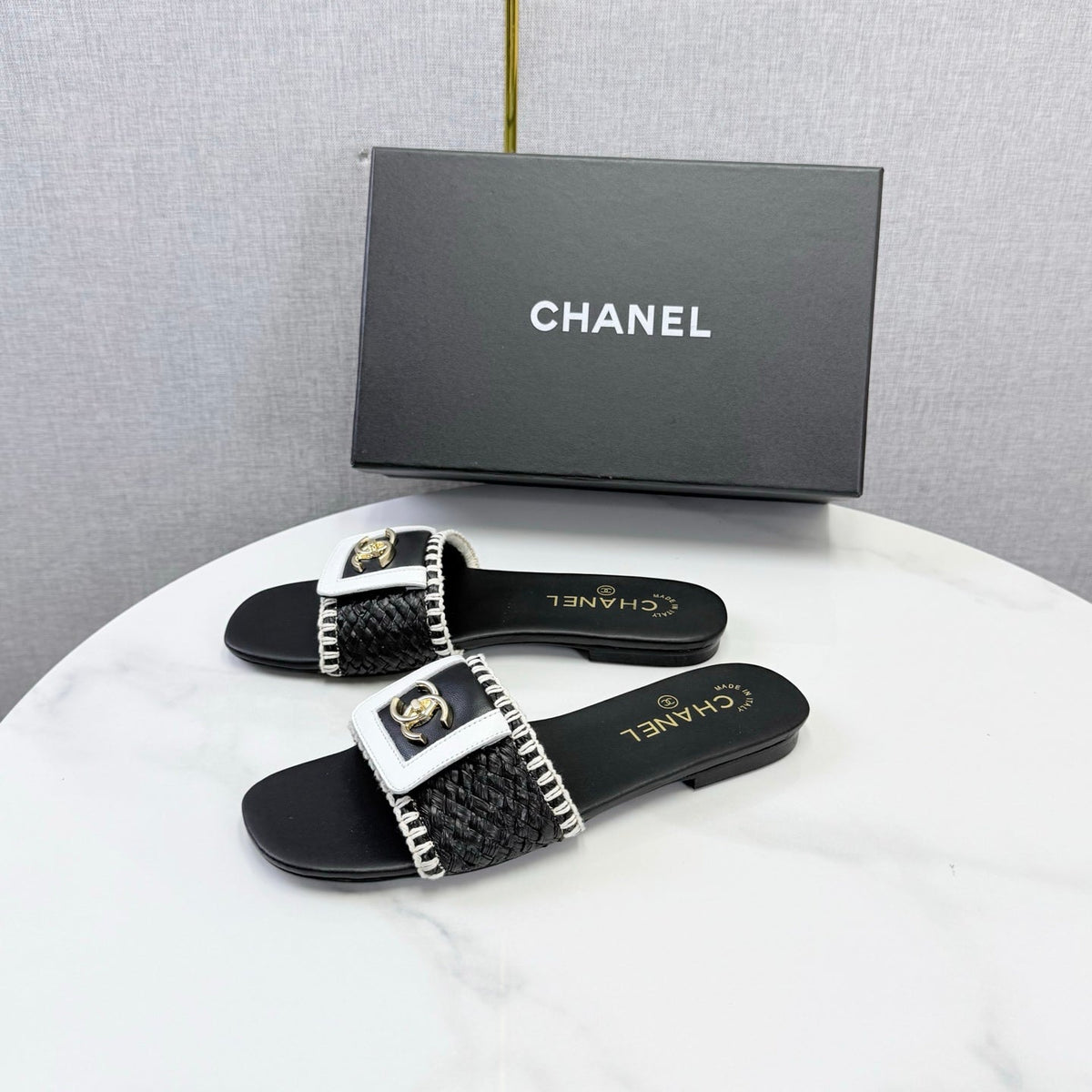 Chanel 26s Woven Strap Slides Black White Lambskin