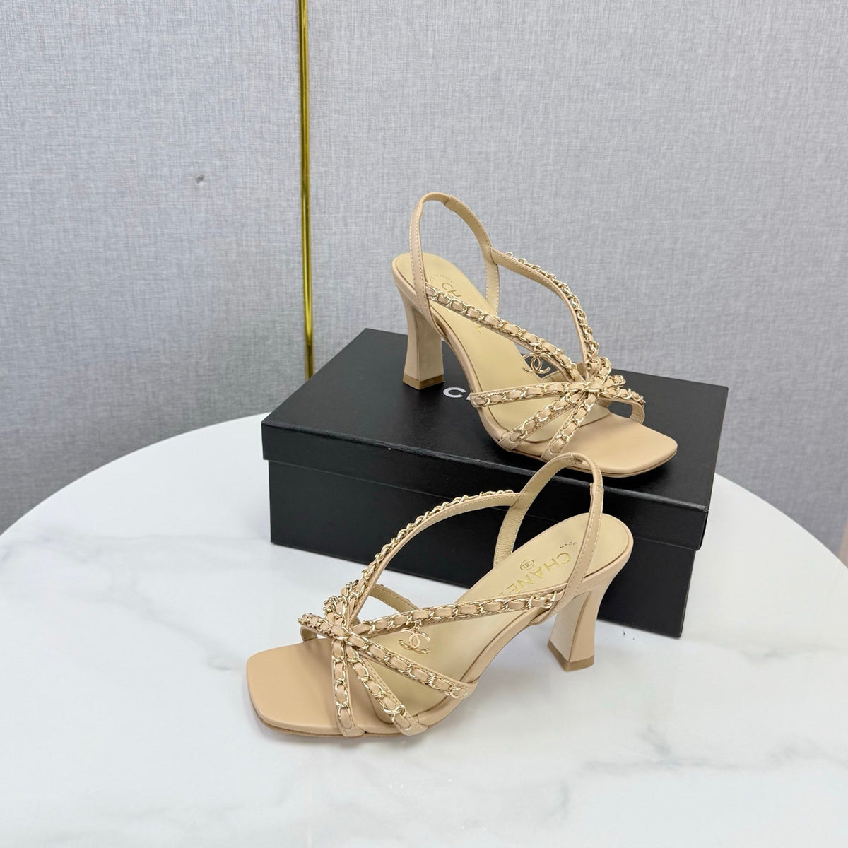 CC 26s Chain Strap High Heels 8cm Beige Lambskin