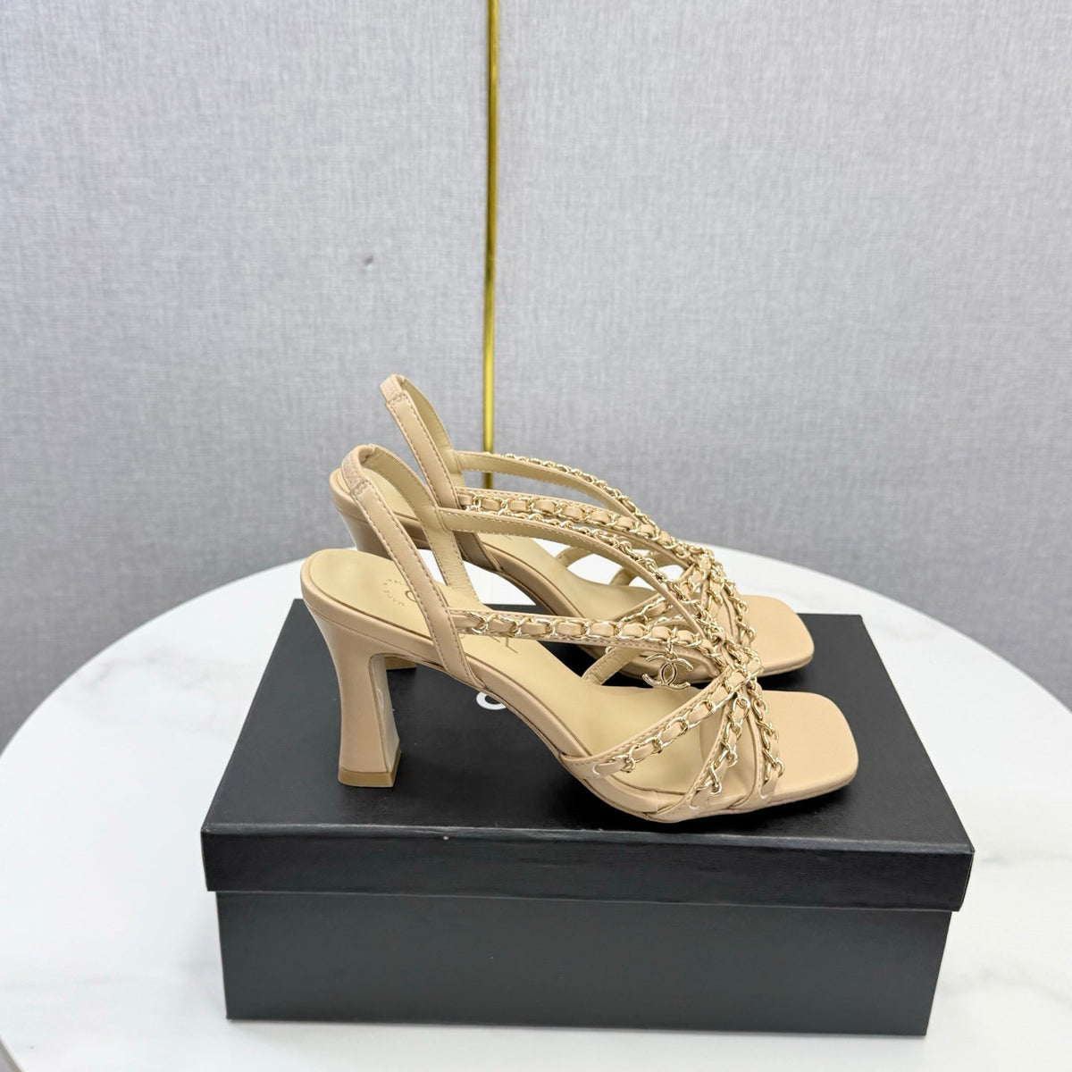CC 26s Chain Strap High Heels 8cm Beige Lambskin