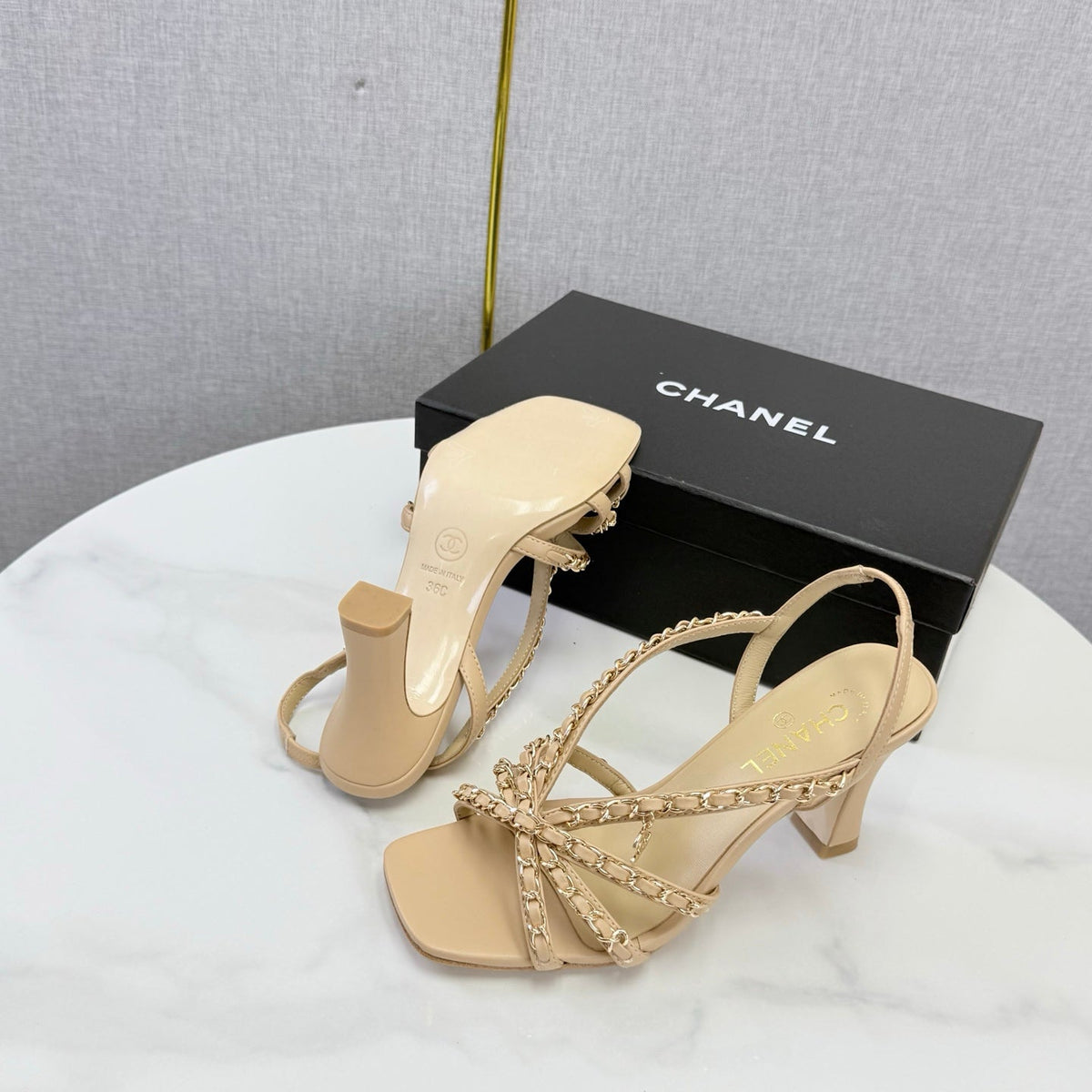CC 26s Chain Strap High Heels 8cm Beige Lambskin