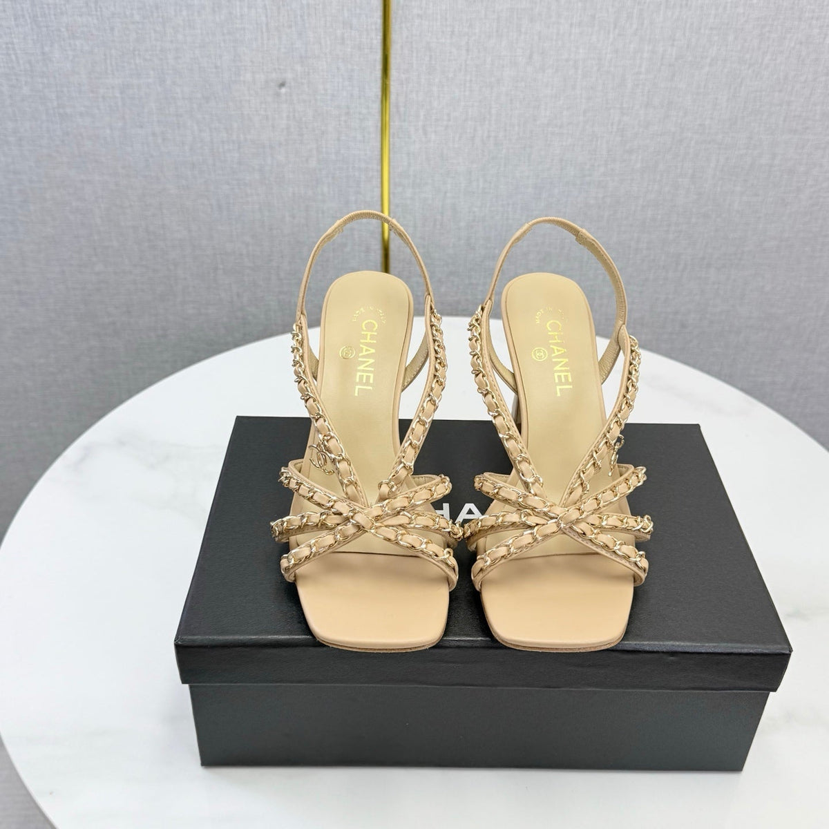 CC 26s Chain Strap High Heels 8cm Beige Lambskin