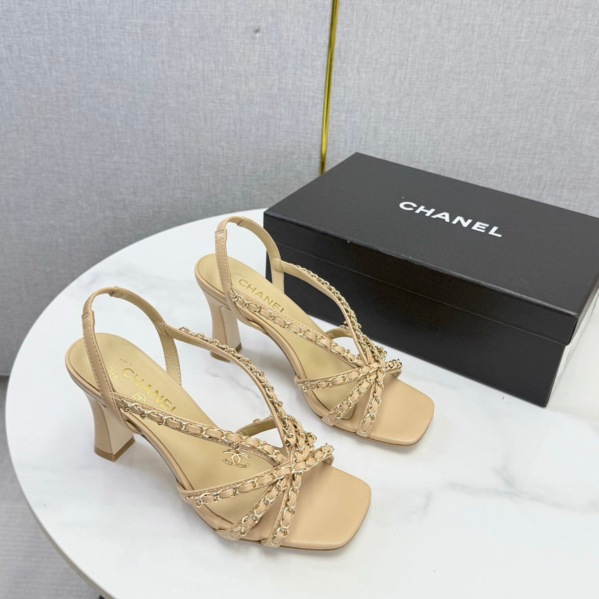 CC 26s Chain Strap High Heels 8cm Beige Lambskin