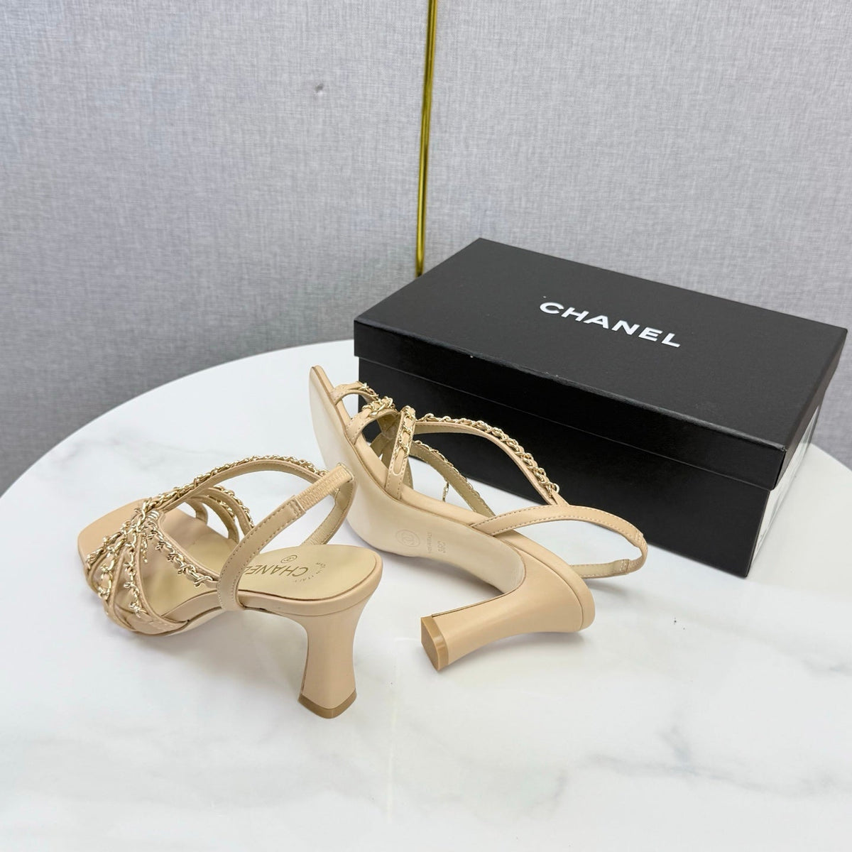 CC 26s Chain Strap High Heels 8cm Beige Lambskin