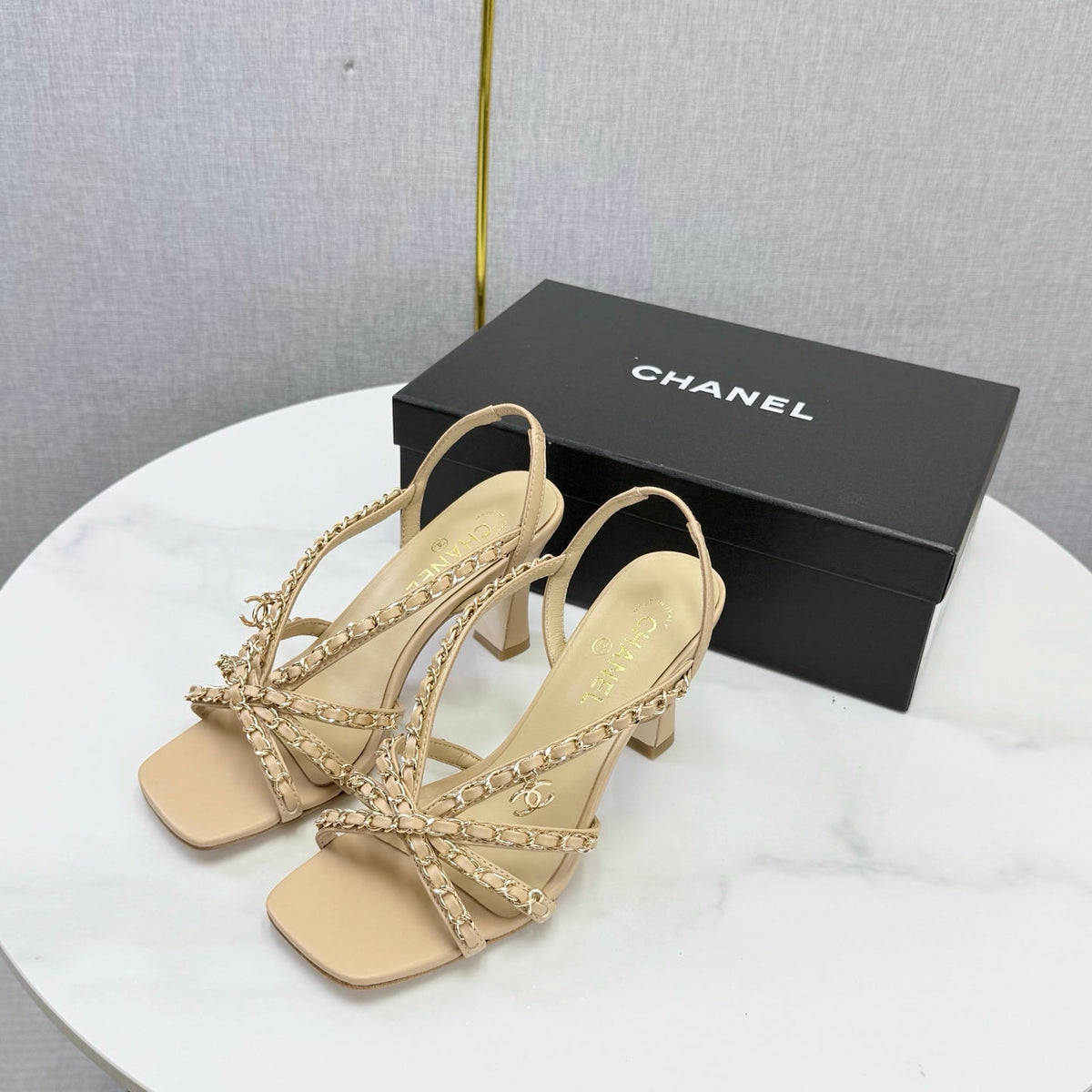 CC 26s Chain Strap High Heels 8cm Beige Lambskin
