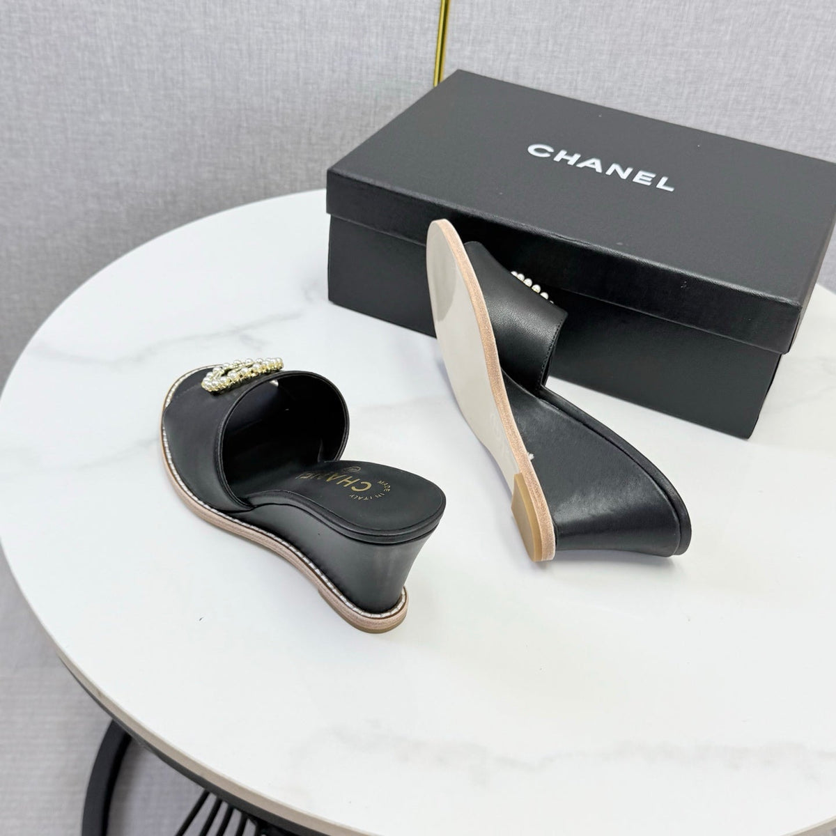 CC 26s Wedge Heels In Black Lambskin With Cc Pearl Embellished